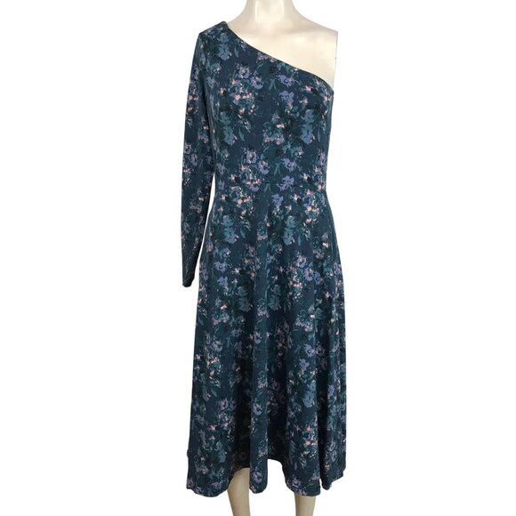 PACT - WOMENS MEDIUM - BLUE FLORAL ONE SHOULDER ORGANIC COTTON BLEND MIDI DRESS - Picture 1 of 8
